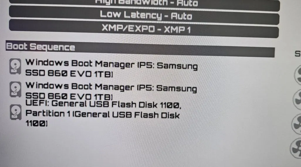 BIOS Boot-Sequenz-Einstellungen mit Samsung SSD und USB-Laufwerk Optionen.