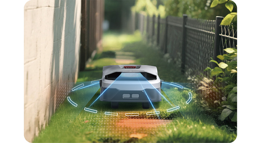 Mähroboter fährt einen schmalen Grasweg entlang; grafische Sensoranzeige rundum zeigt, wie das Gerät Hindernisse und enge Passagen intelligent erkennt.