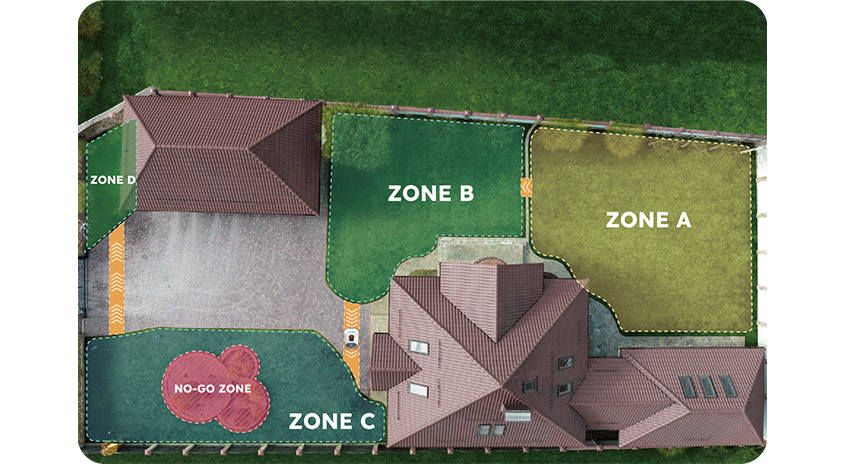 Draufsicht auf Grundstück mit vier Rasen-Zonen (A–D) und rot markierter No-Go-Zone – zeigt, wie der Mähroboter Bereiche gezielt ein- oder ausschließt.