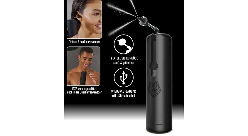 Schwarze Ohrdusche mit flexibler Silikondüse, wiederaufladbar per USB, wassergeschützt (IPX5), sanfte und gründliche Reinigung, auch für die Dusche.