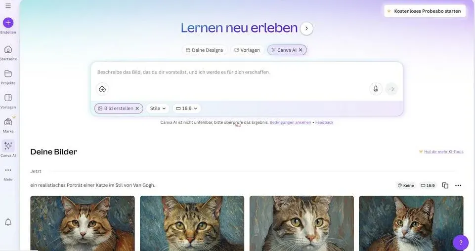 Screenshot der Canva-Webseite im hellen Design mit dem Header „Lernen neu erleben“. In der Mitte ein großes Eingabefeld für Textprompts mit Buttons für Stil und Seitenverhältnis (z. B. 16:9) sowie „Bild erstellen“. Oben rechts ein Banner „Kostenloses Probabo starten“. Links eine vertikale Navigation mit Icons wie Erstellen, Startseite, Projekte, Vorlagen, Marke und Canva AI. Unterhalb der Eingabe der Bereich „Deine Bilder“ mit einer Galerie: mehrere realistische Katzenporträts im Stil von Van Gogh in einer Reihe.