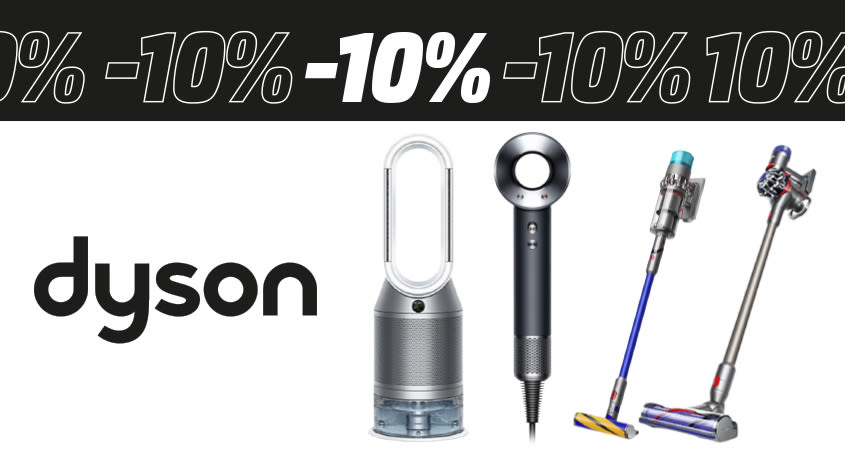 Dyson Logo daneben eine Produkt-Collage mit Dyson Produkten. Darüber steht -10%