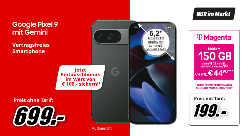 Werbung für Google Pixel 9 mit Gemini. Smartphone in Grau mit 6,2"-Display. Tarifangebote von Magenta mit Preisen in Rot und Weiß.