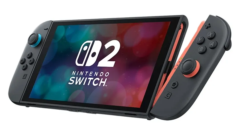 Die Nintendo Switch 2 Konsole schräg von vorne fotografiert