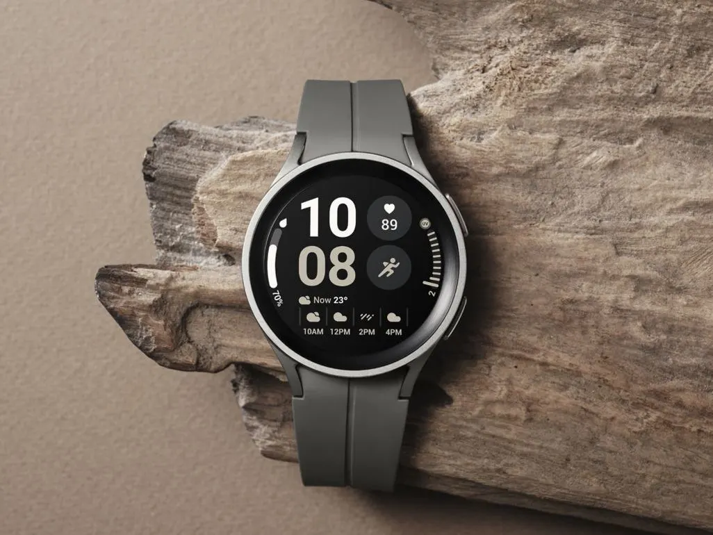 Runde Smartwatch mit grauem Armband liegt auf einem Stück Holz