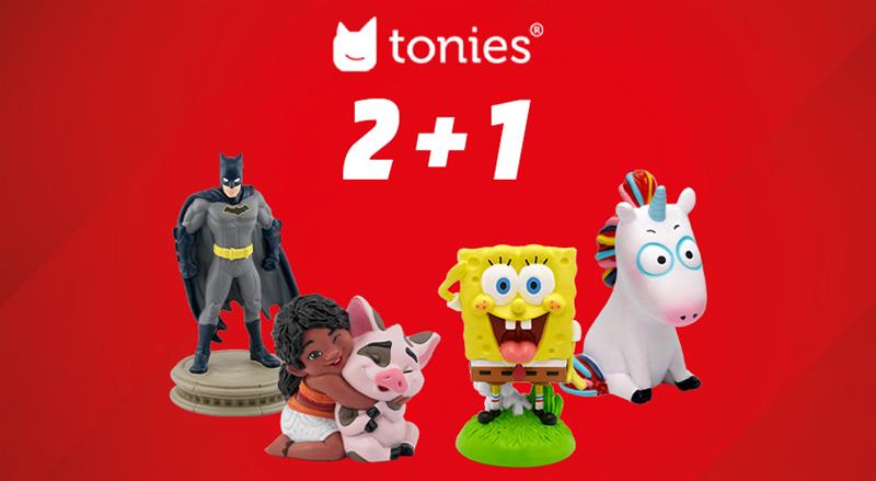 tonies 2+1 Aktion: Figuren Batman, SpongeBob, Vaiana mit Pua und ein weißes Einhorn auf rotem Hintergrund