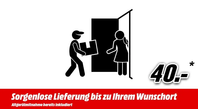 Ein schwarzes Piktogramm zeigt einen Lieferanten, der ein Paket zu einer Haustür bringt, wo eine Person wartet. Preisangabe "40.-".