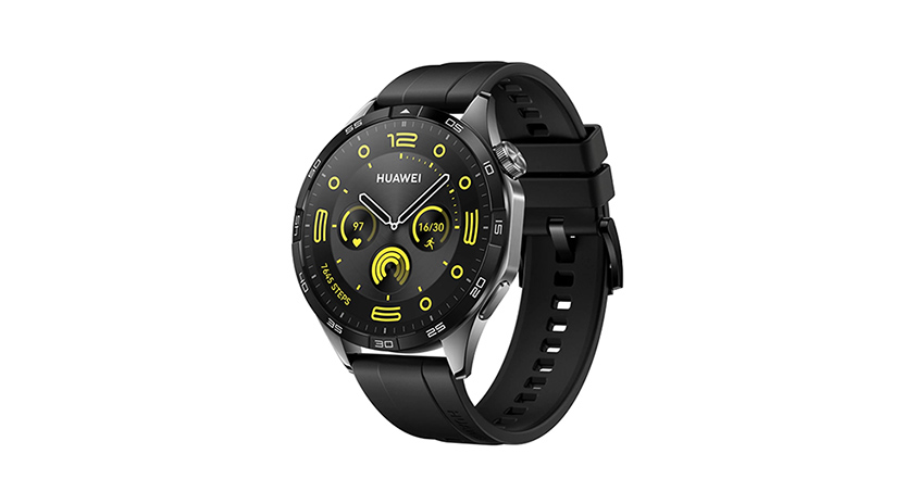 Eine schwarze Huawei-Smartwatch mit einem runden Zifferblatt und einer schwarzen Sportarmband.