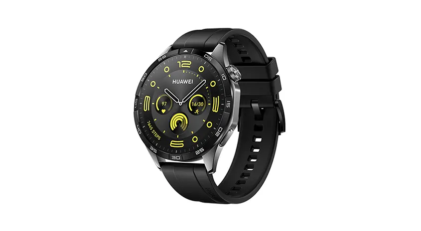 Eine schwarze Huawei-Smartwatch mit einem runden Zifferblatt und einer schwarzen Sportarmband.