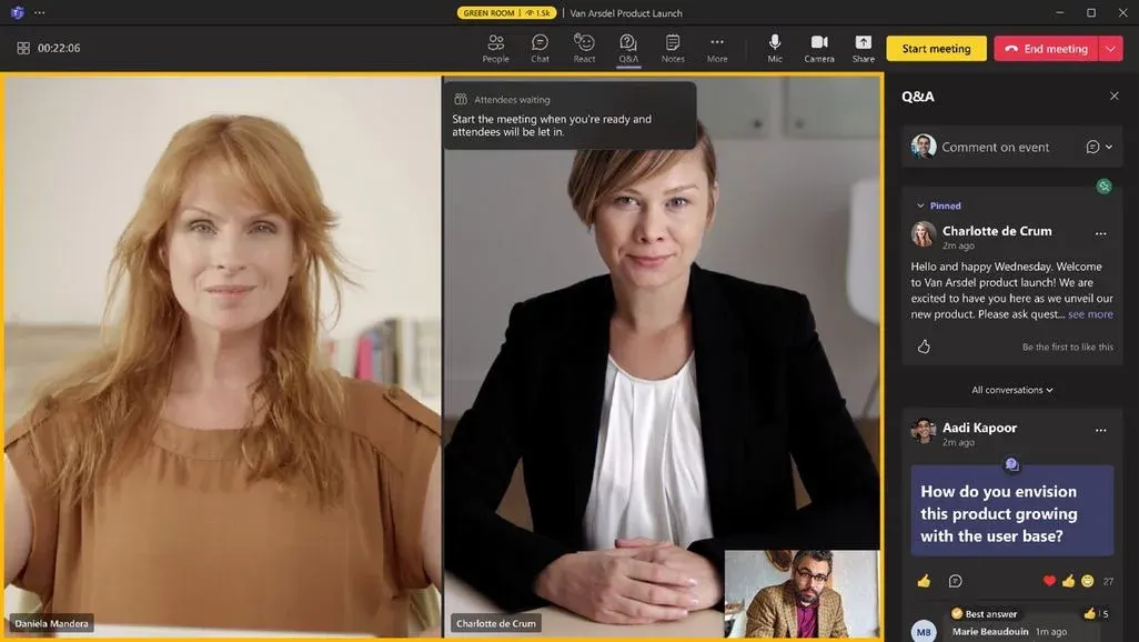 Videokonferenz mit zwei Frauen im Vordergrund, eine in Braun, die andere in Schwarz-Weiß. Rechts ein Q&A-Chat, "Green Room" Status aktiv.