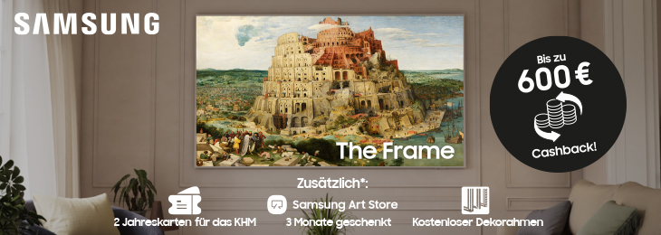 Samsung The Frame TV zeigt Bruegels "Turmbau zu Babel" in modernem Wohnzimmer, mit Cashback-Angebot bis 600€ und kostenlosen Zusatzleistungen