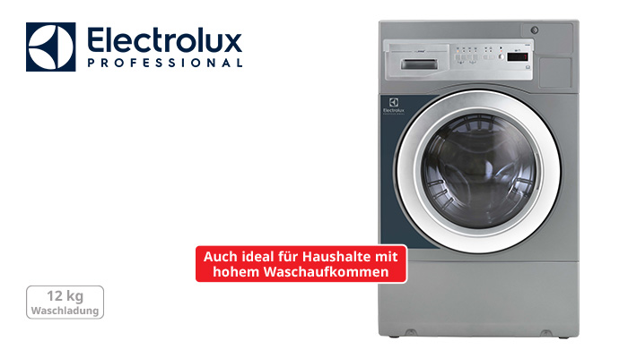 Electrolux Professional Gewerbewaschmaschine in Grau mit großer Bullaugentür und Bedienfeld, 12 kg Waschladung, Werbebanner "Auch ideal für Haushalte mit hohem Waschaufkommen"