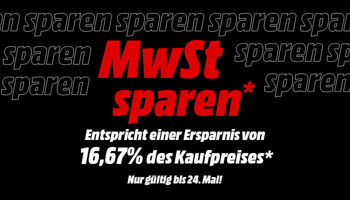 Schwarzer Hintergrund mit rotem und weißem Text, der für eine MwSt-Sparaktion mit 16,67% Rabatt bis zum 24. Mai wirbt.
