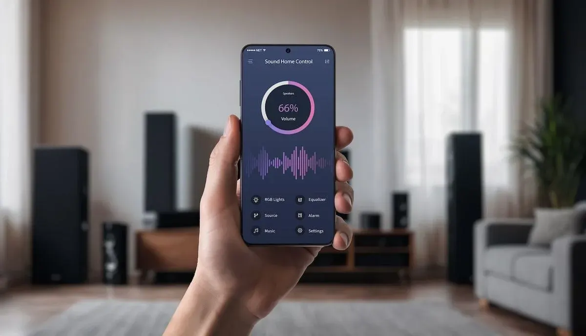 Hand hält ein Smartphone, auf dessen Display eine Home‑Audio‑Steuerung zu sehen ist: ein Kreisdiagramm zeigt 66 % Lautstärke, darunter eine farbige Wellenform und Symbole für RGB‑Lights, Equalizer, Source, Alarm, Music und Settings. Im unscharfen Hintergrund ein Wohnzimmer mit großen Lautsprechern, Sofa, Pflanze und Fenster.