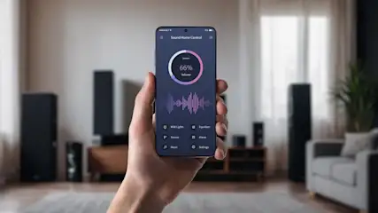Hand hält ein Smartphone, auf dessen Display eine Home‑Audio‑Steuerung zu sehen ist: ein Kreisdiagramm zeigt 66 % Lautstärke, darunter eine farbige Wellenform und Symbole für RGB‑Lights, Equalizer, Source, Alarm, Music und Settings. Im unscharfen Hintergrund ein Wohnzimmer mit großen Lautsprechern, Sofa, Pflanze und Fenster.