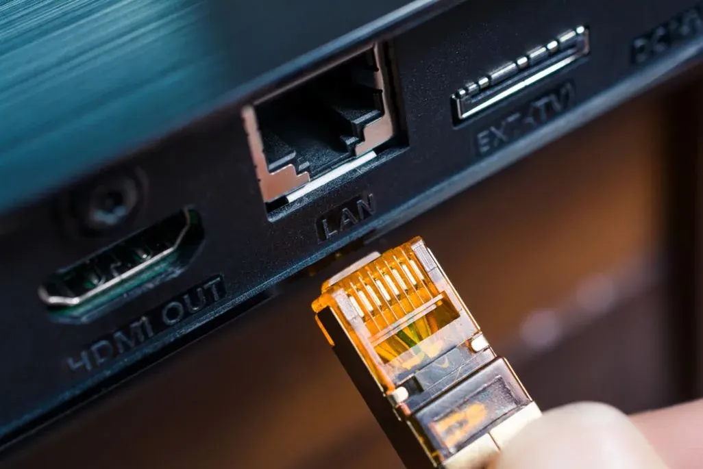 Nahaufnahme eines LAN-Kabels mit LAN-Buchse