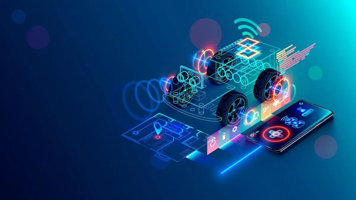 Bunte Grafik eines smarten Roboterautos, das per Smartphone-App ferngesteuert wird.