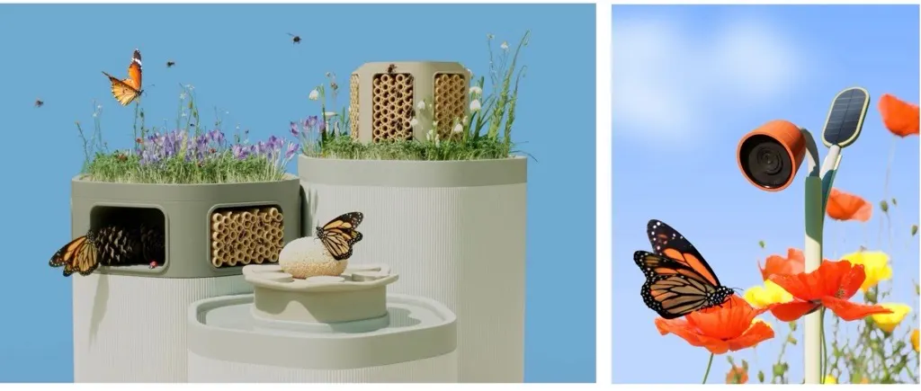 Kamera mit Solarpanel getarnt zwischen Blueten fotografieren Schmetterling +Wonder Block von Bird Buddy mit Schmetterlingen und Bienenhotel