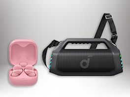 Produktbild eines tragbaren, schwarzen Lautsprechers und eines rosafarbenen In-Ear Kopfhörers