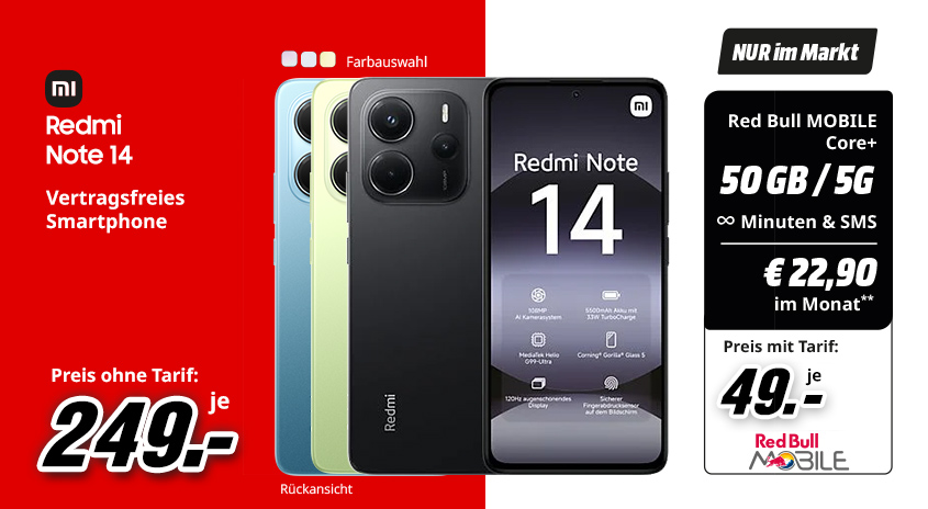 Werbung für das Redmi Note 14 Smartphone in Blau, Gelb und Schwarz, ab 249 Euro, mit Red Bull Mobile Tarifoptionen.