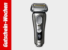 Werbebanner zu den Gutschein-Wochen mit einem Rassierapparat vor grauem Hintergrund