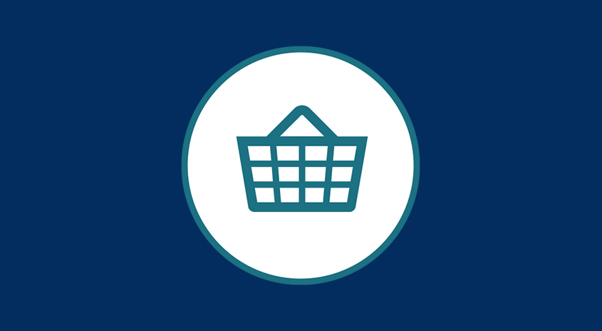 Ein weißer Einkaufskorb mit blaugrünen Konturen in einem weißen Kreis auf marineblauem Hintergrund.