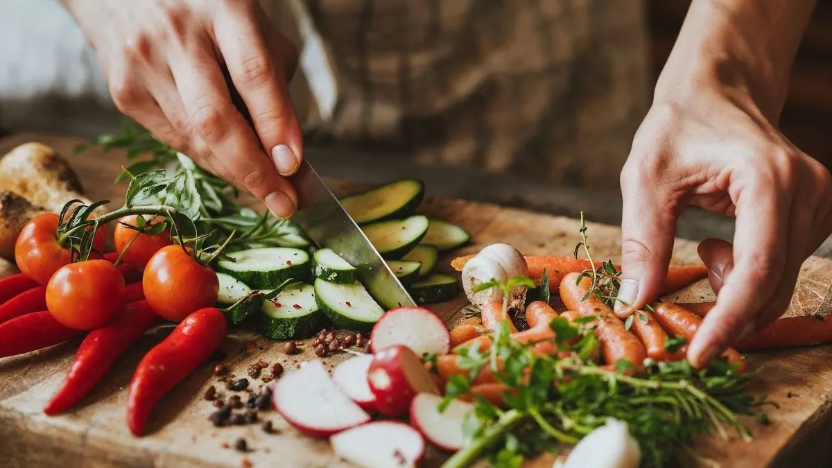Hände schneiden Zucchini auf einem Holzbrett mit frischem Gemüse wie Tomaten, Möhren und Radieschen.