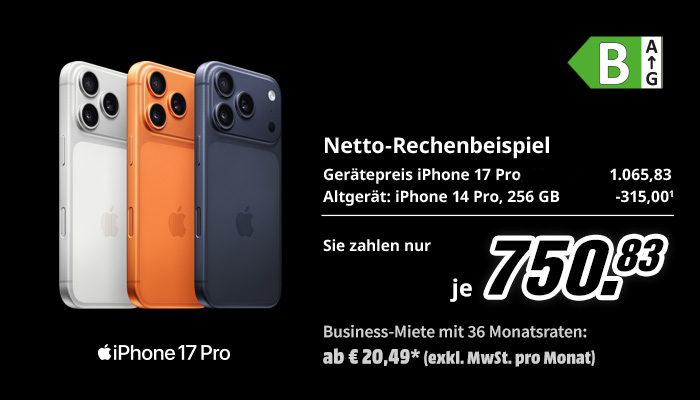 Rechenbeispiel netto exkl. MwSt. iPhone 17 Pro um 1065,83€ Minus Altgerät z.B. iPhone 14 Pro, 256 GB um 315€. Sie zahlen nur 742,50.