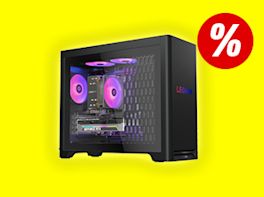 Desktop-PC vor gelben Hintergrund. Rechts oben im Bild ist ein großes Prozentzeichen zu sehen.