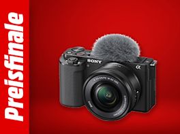 Bild mit rotem Hintergrund. Links steht: Preisfinale, daneben das Produktbild einer Kamera.