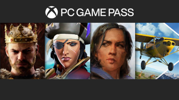 PC Game Pass-Logo mit Abbildungen eines Königs mit Krone, einer Piratin mit Augenklappe, einer Person und einem gelben Flugzeug.