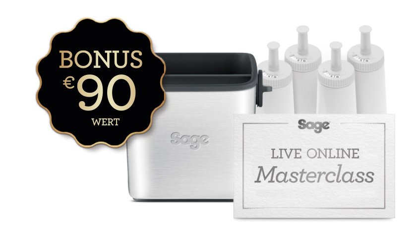 Silberner Behälter neben vier Wasserfiltern und Schild mit "Live Online Masterclass" neben schwarzem Bonus-Aufkleber.