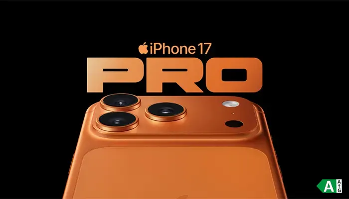iPhone 17 Pro Abbildung. Orange Farbe, schwarzer Hintergrund. Energielabel A
