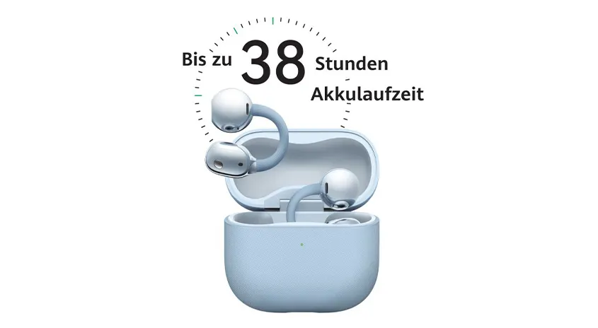 Produktabbildung hellblauer In‑Ear-Kopfhörer mit Ladecase, darüber Text „Bis zu 38 Stunden Akkulaufzeit“.