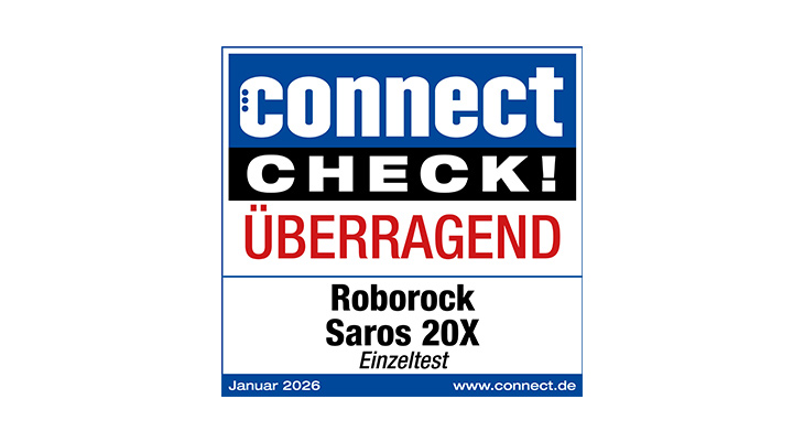  Testsiegel connect CHECK!: Bewertung „ÜBERRAGEND“ für Roborock Saros 20X im Einzeltest, Ausgabe Januar 2026, laut Fachmagazin connect.