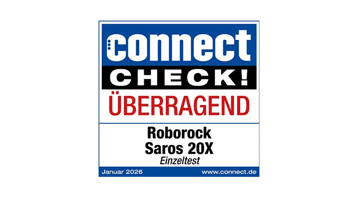 Testsiegel connect CHECK!: Bewertung „ÜBERRAGEND“ für Roborock Saros 20X im Einzeltest, Ausgabe Januar 2026, laut Fachmagazin connect.