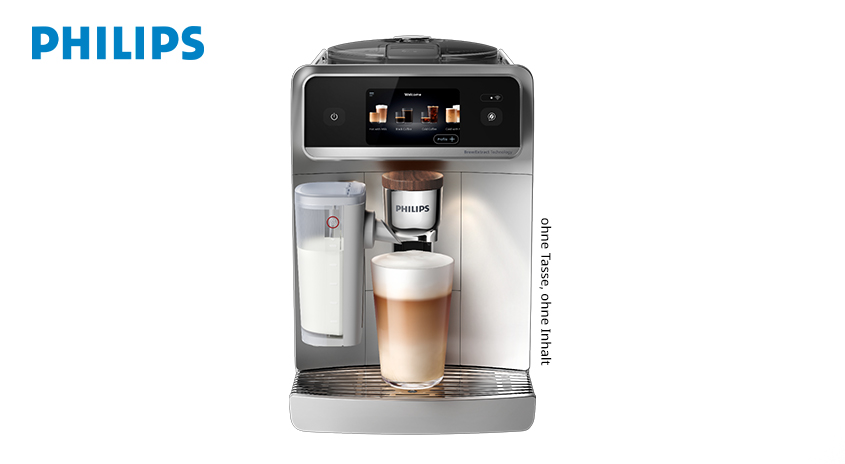 Silberne Philips Kaffeeautomat mit einer Tasse Kaffee mit Schaum und mit Milch gefüllter Milchschäumer