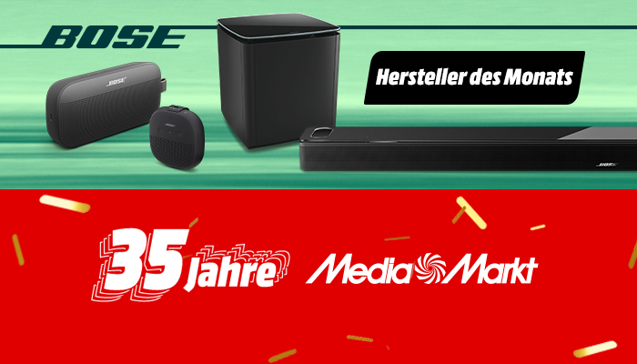 Bose-Audioprodukte auf grünem Hintergrund über einem roten Banner mit der Aufschrift "35 Jahre MediaMarkt".