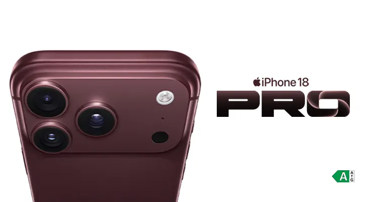 Nahaufnahme der Hälfte der Rückseite des iPhone 18 Pro in Burgundy.