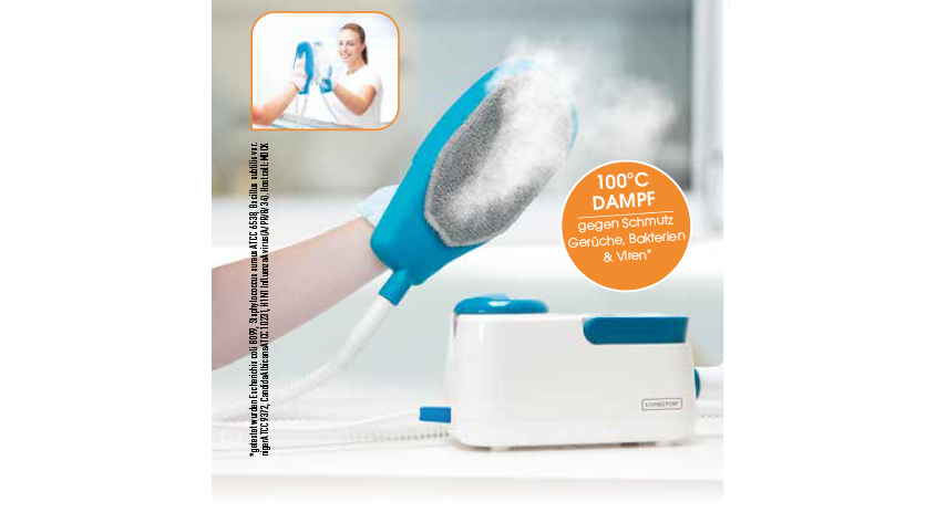 Dampfreinigungshandschuh mit 100°C heißem Dampf, entfernt Schmutz, Gerüche, Bakterien und Viren. Mit ergonomischer Form und komfortabler Handhabung.