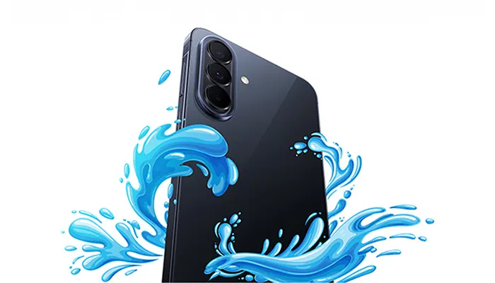 Stilisierte Darstellung der IP68-Zertifizierung des Galaxy A57. 