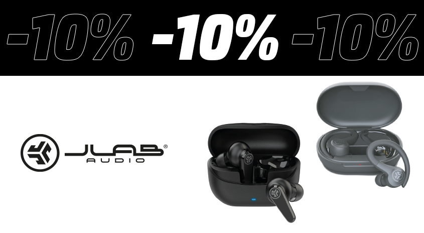 Werbebanner: Oben mehrfach der Schriftzug ‚-10 %‘, darunter großes JLAB-Logo und zwei In-Ear Kopfhörer