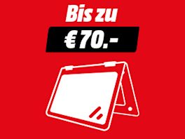 Grafik mit rotem Hintergrund: Oben steht in Weiß „Bis zu €70.-“, darunter ein weißes Icon eines Convertibles