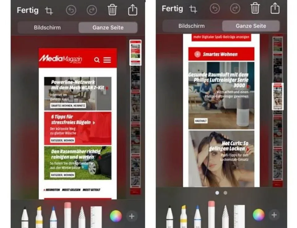 Screenshot im Bearbeitungsmodus vom MediaMagazin auf einem iPhone Display
