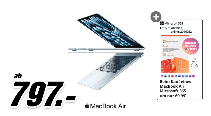 MacBook Air Preisvorteil: Nur 797,- €. Beim Kauf gibt es Microsoft 365 für 69,99 € dazu.