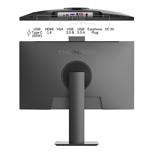 Rückansicht eines grauen Computerbildschirms mit Standfuß. Anschlüsse oben, einschließlich USB, HDMI, VGA und Kopfhöreranschluss.