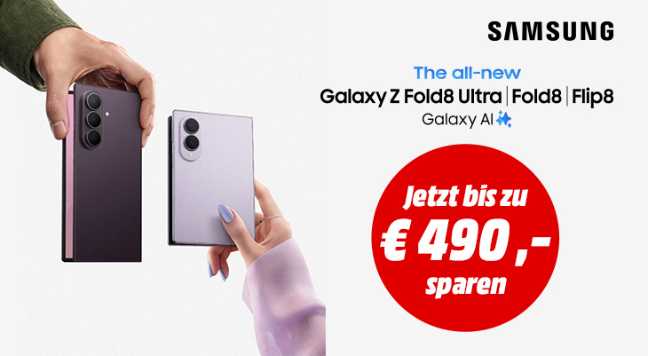 Zwei Hände halten Samsung Galaxy Z Smartphones - ein dunkles und ein helles Modell. Werbung für die neuen Galaxy Z Fold8 Ultra, Fold8 und Flip8 mit Galaxy AI. Roter Aktionskreis zeigt 'Jetzt bis zu 350 Euro sparen