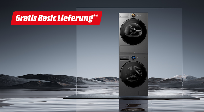 Moderne stapelbare Waschmaschinen-Trockner-Kombination in Grau mit zwei übereinander angeordneten Geräten und schwarzen Türen, präsentiert in minimalistischer Designumgebung mit bergiger Landschaft im Hintergrund mit Text: Gratis Basic Lieferung**