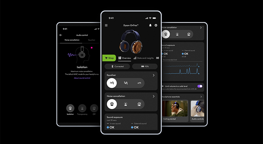 Drei Smartphone-Displays zeigen die Dyson Ontrac App mit Audioeinstellungen, Equalizer und Geräuschunterdrückungsoptionen auf dunklem Hintergrund.