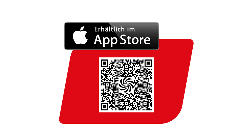 Ein App-Store-Logo über einem roten Feld mit einem QR-Code auf weißem Hintergrund.